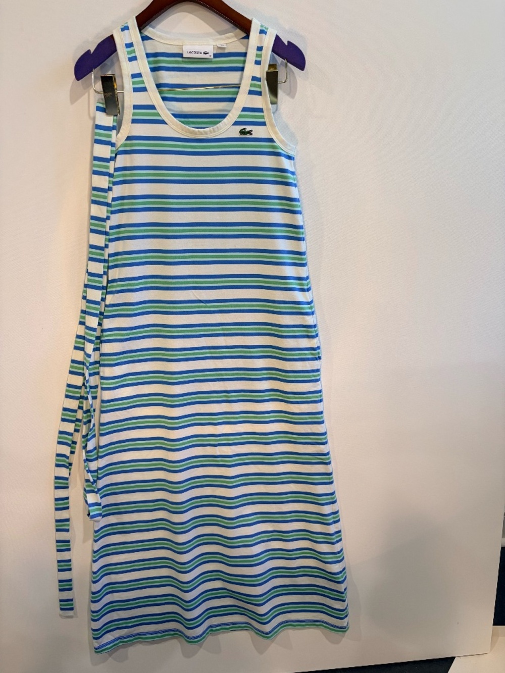 Lacoste Striped Tank Dress White Blue Green Cotton Size 32 XS, w Pockets